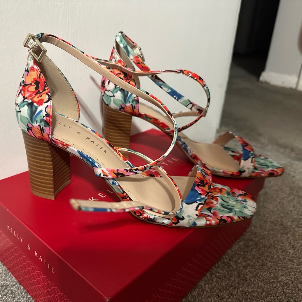 Kelly & Katie Floral Strappy Block Heels - Multicolor